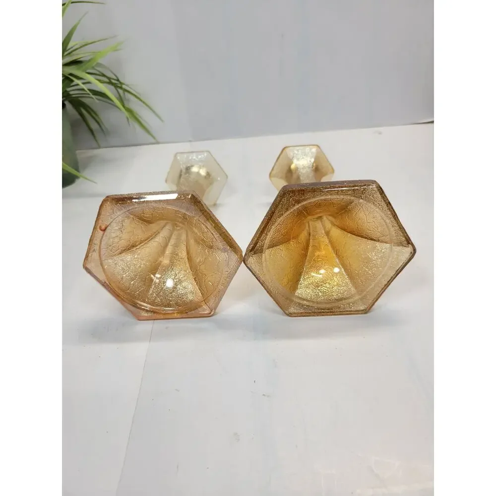 Jeannette Marigold Carnival Glass Candlesticks Vintage 1930s Candle Holder Pair